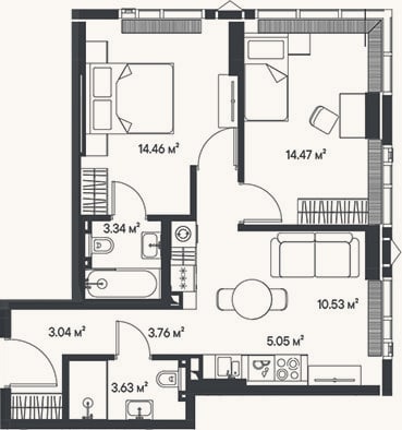 Планировка: 3-к, 58,3 м²