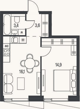 Планировка: 2-к, 38 м²