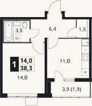 Планировка: 1-к, 36,4 м²