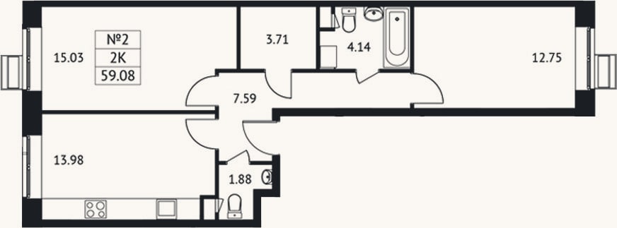 Планировка: 2-к, 59,1 м²