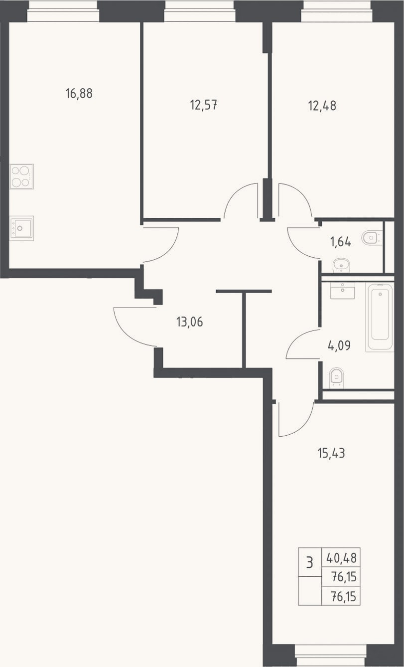 Планировка: 3-к, 76,2 м²