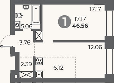 Планировка: 1-к, 46,6 м²