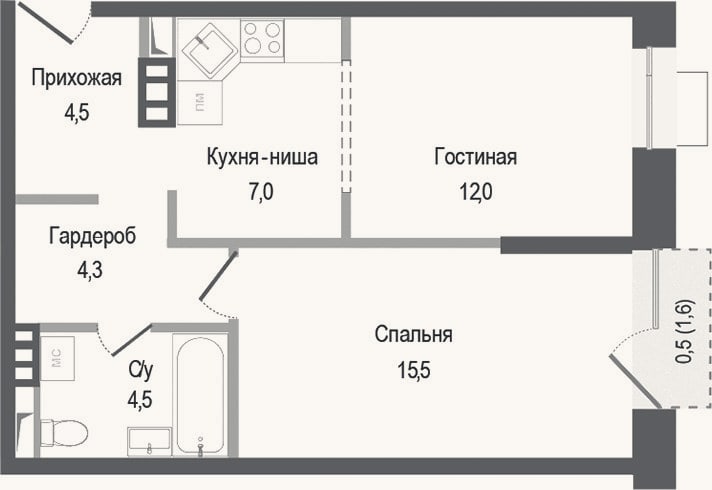 Планировка: 2-к, 47,8 м²
