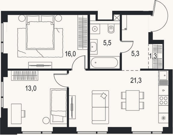 Планировка: 3-к, 62,4 м²