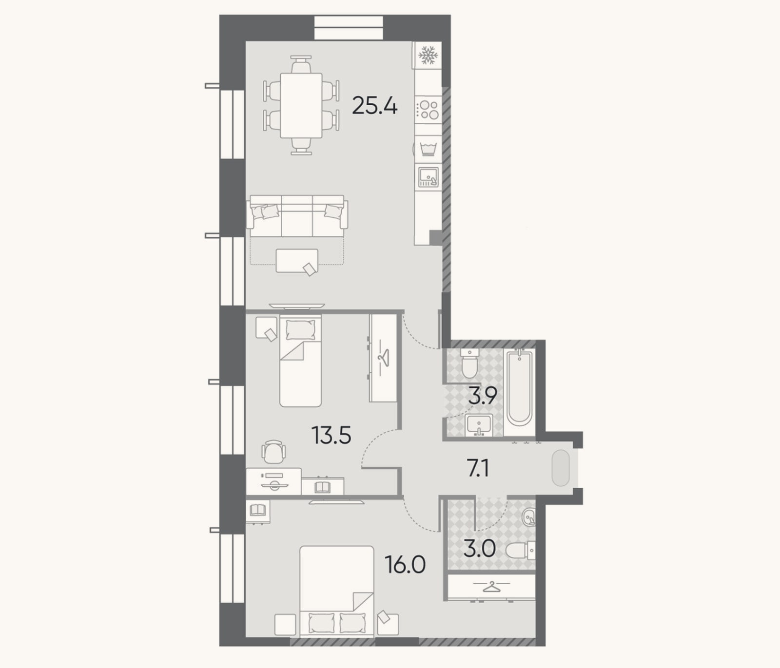 Планировка: 3-к, 68,9 м²