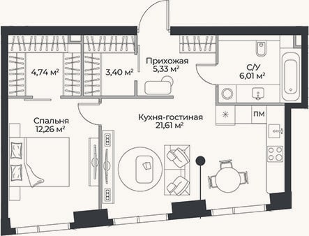 Планировка: 2-к, 53,4 м²