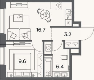 Планировка: 1-к, 35,9 м²