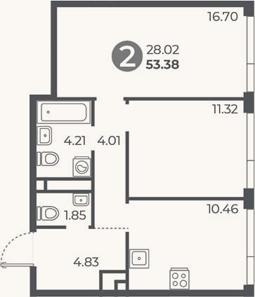 Планировка: 2-к, 53,4 м²