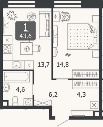 Планировка: 1-к, 43,6 м²