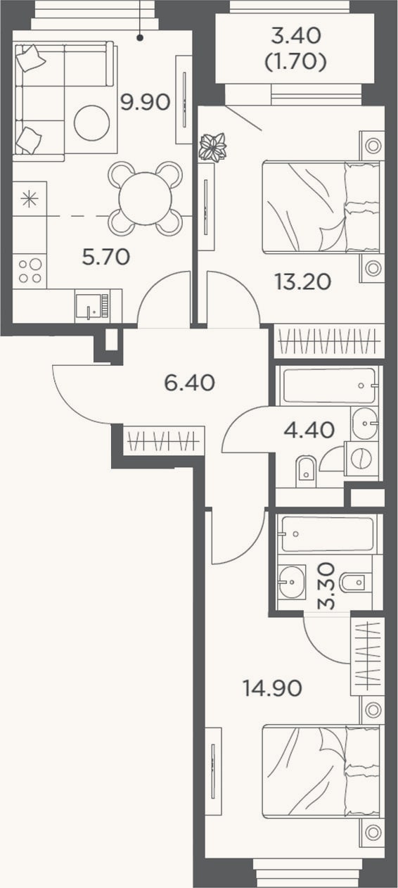 Планировка: 3-к, 57,7 м²