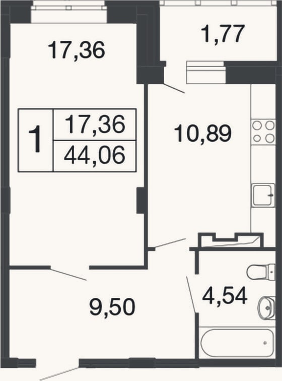 Планировка: 1-к, 42,3 м²