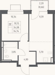 Планировка: 2-к, 34,1 м²