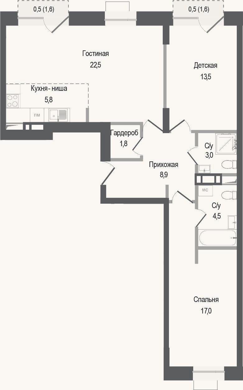 Планировка: 3-к, 77 м²