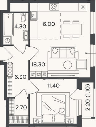 Планировка: 2-к, 49 м²