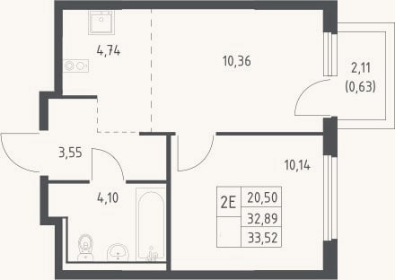 Планировка: 2-к, 32,9 м²