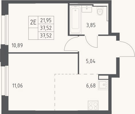 Планировка: 2-к, 37,5 м²