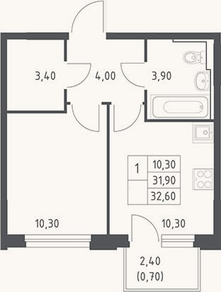 Планировка: 1-к, 31,9 м²