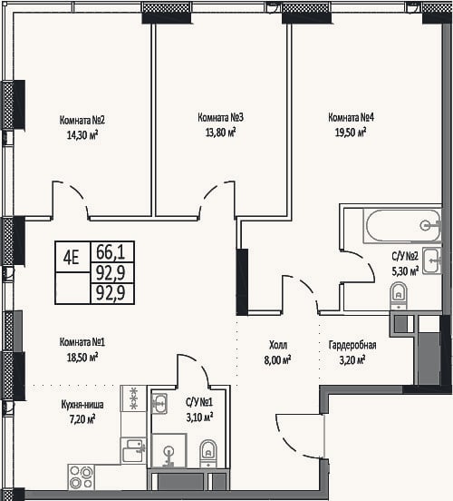 Планировка: 4+ к, 92,9 м²