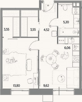 Планировка: 2-к, 46,3 м²