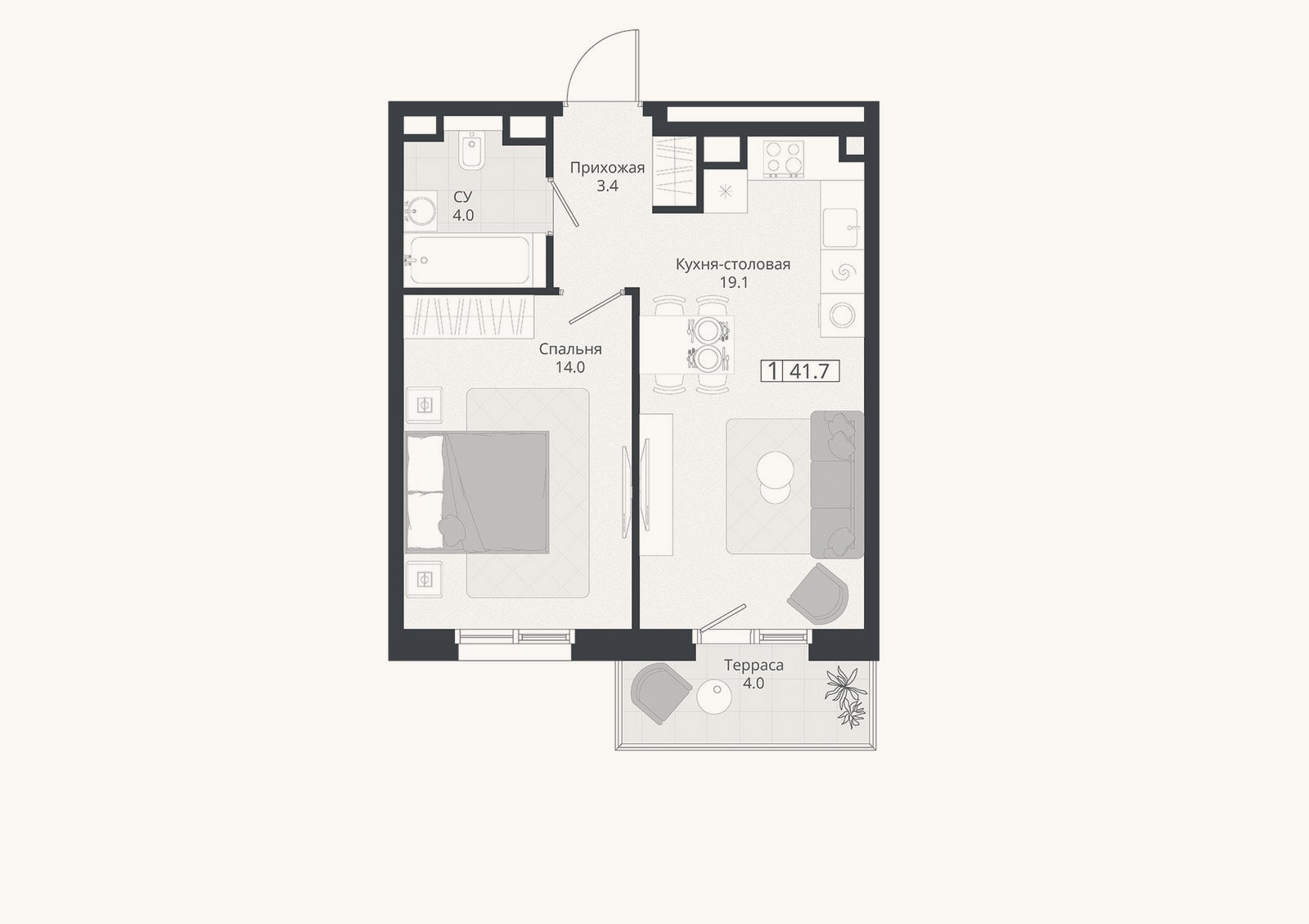 Планировка: 2-к, 40,5 м²