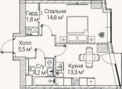 Планировка: 1-к, 39,7 м²