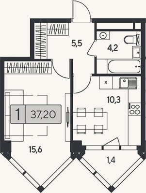 Планировка: 1-к, 35,8 м²