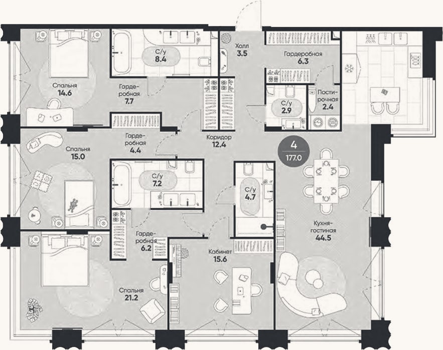 Планировка: 4+ к, 177 м²