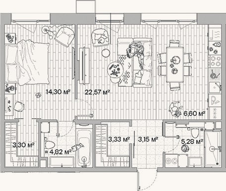 Планировка: 2-к, 63,4 м²