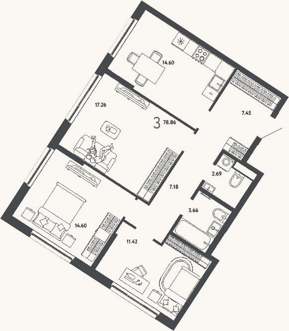 Планировка: 3-к, 78,9 м²