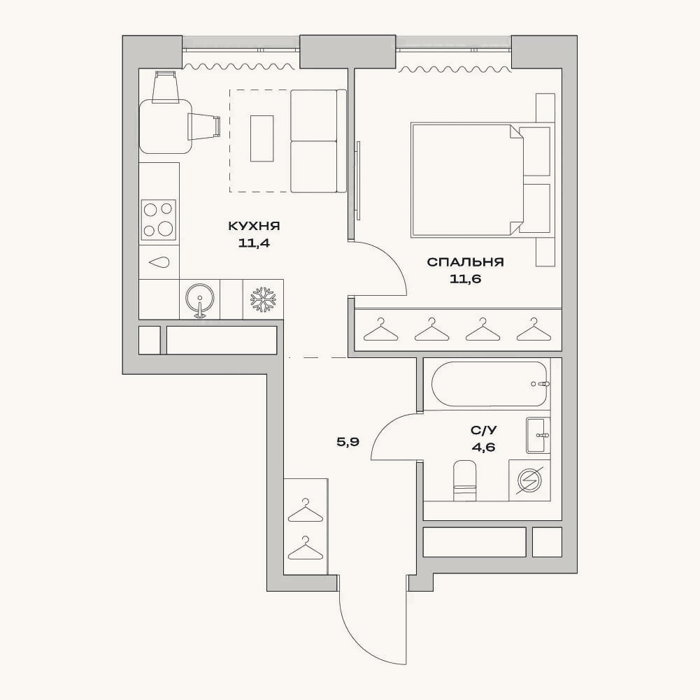 Планировка: 1-к, 33,5 м²