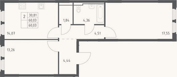 Планировка: 2-к, 60 м²