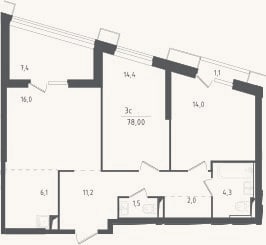 Планировка: 3-к, 69,5 м²
