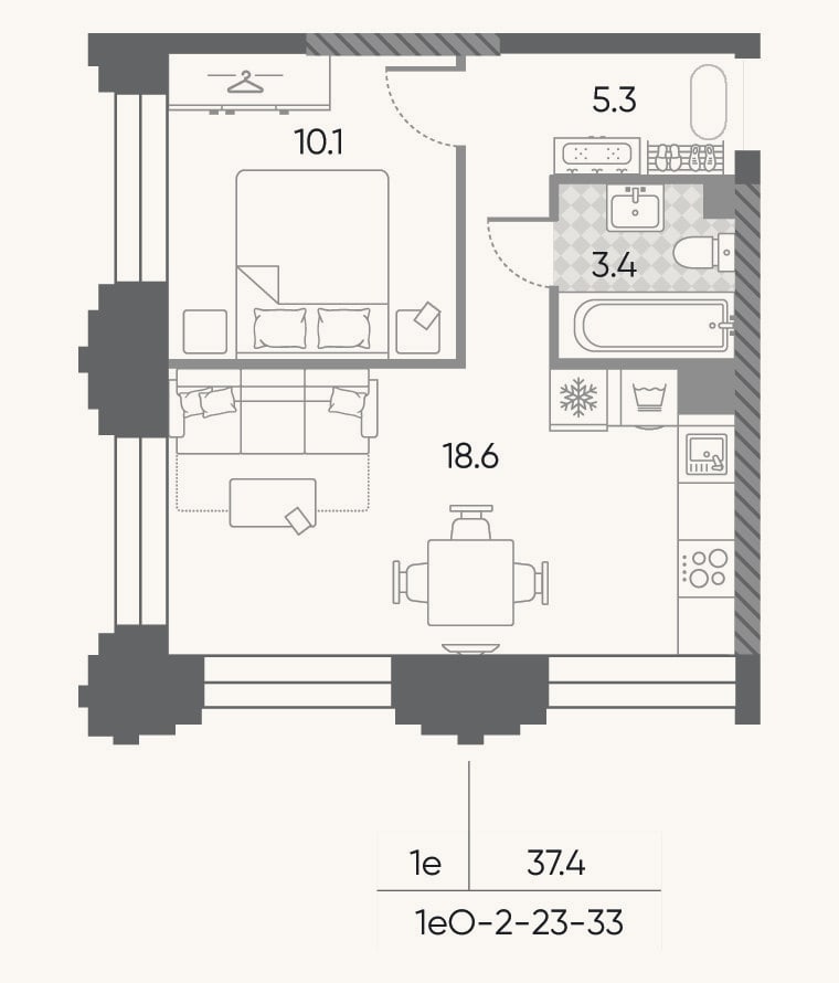 Планировка: 2-к, 37,4 м²