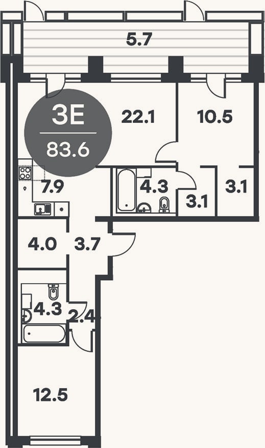 Планировка: 3-к, 82,4 м²