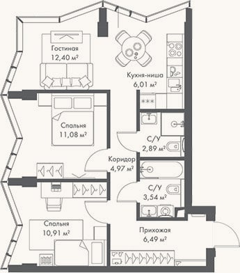 Планировка: 3-к, 58,3 м²