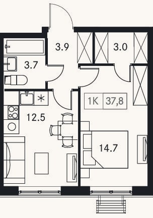 Планировка: 1-к, 37,8 м²