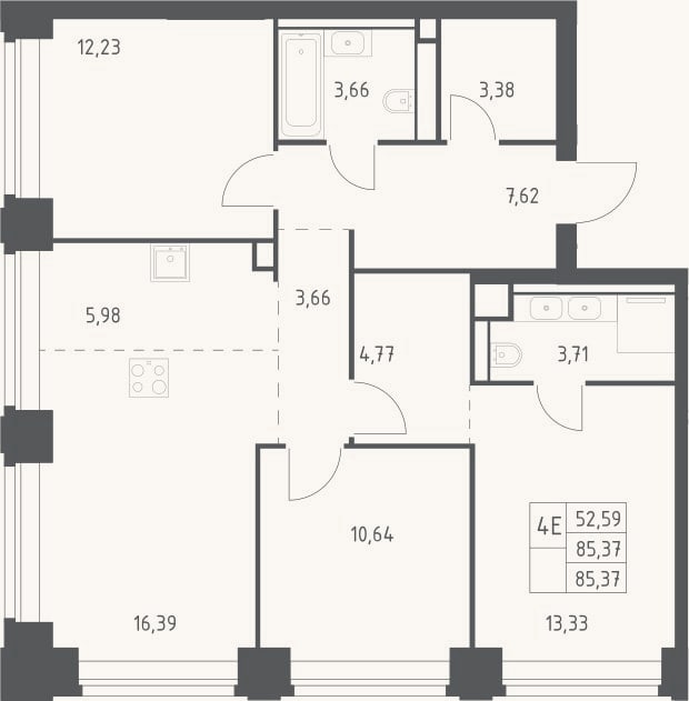 Планировка: 4+ к, 85,4 м²