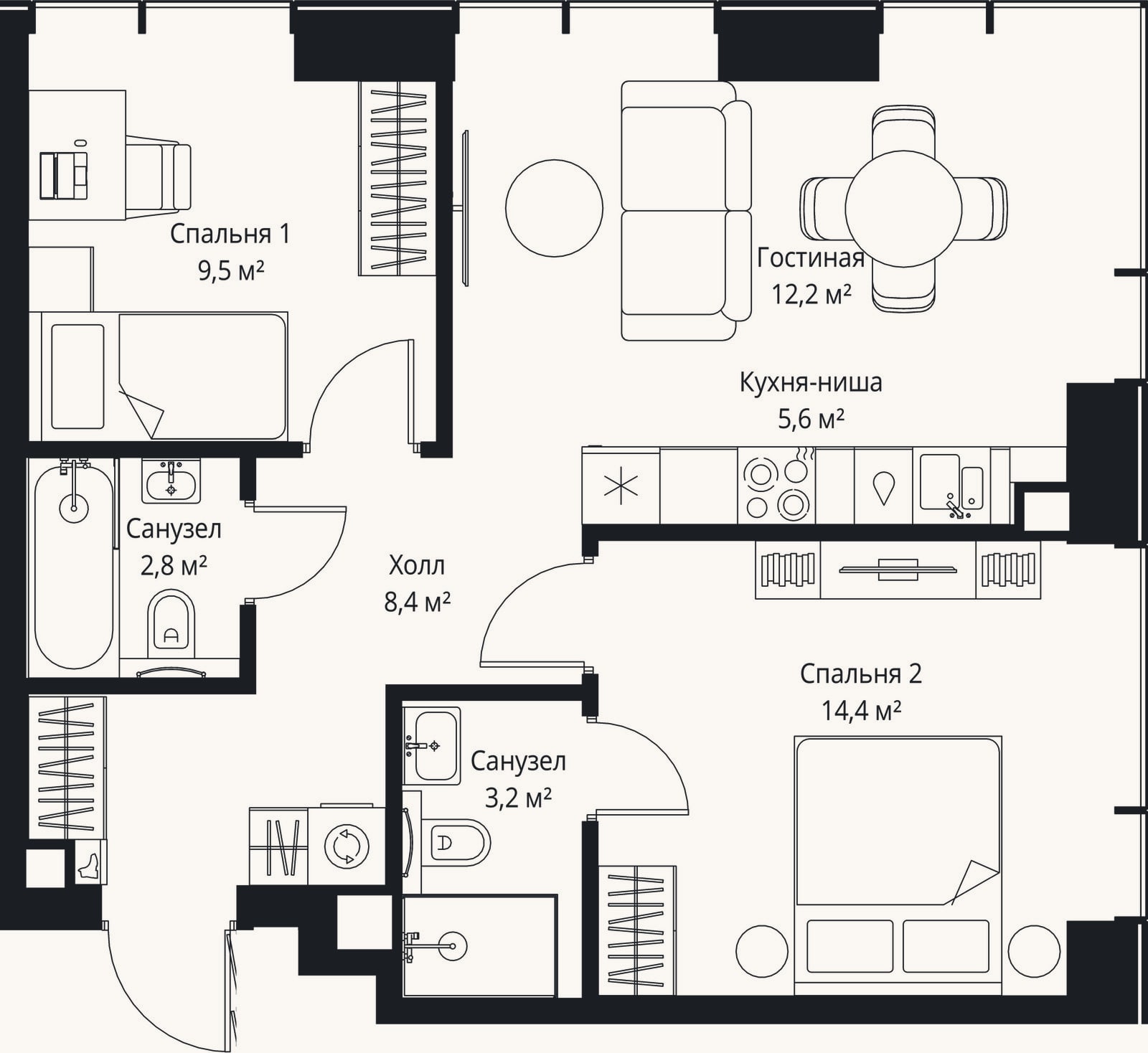 Планировка: 3-к, 56,1 м²