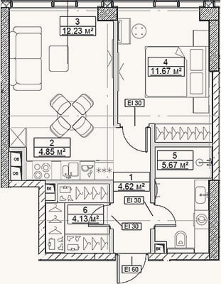 Планировка: 2-к, 43,2 м²