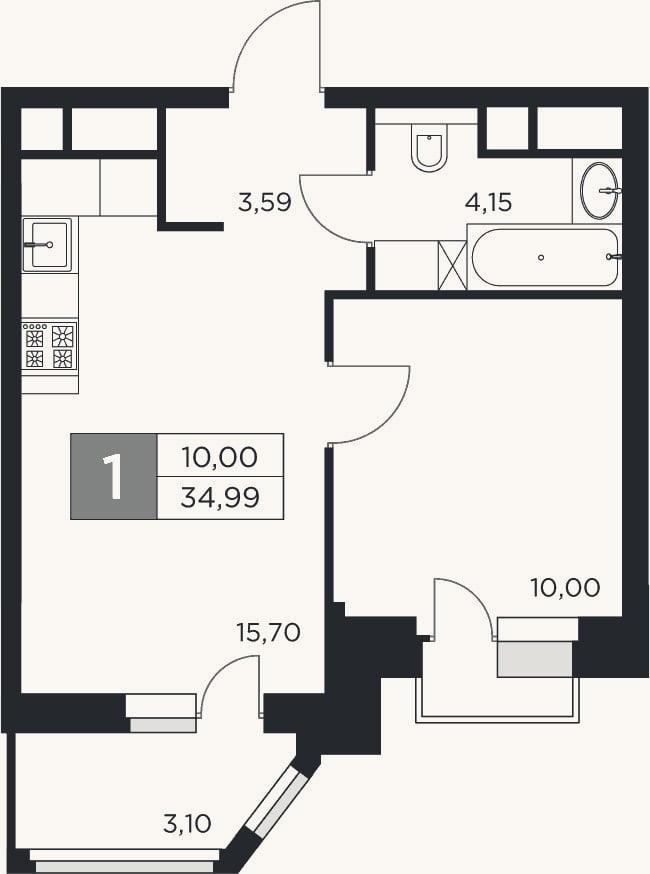 Планировка: 2-к, 33,4 м²