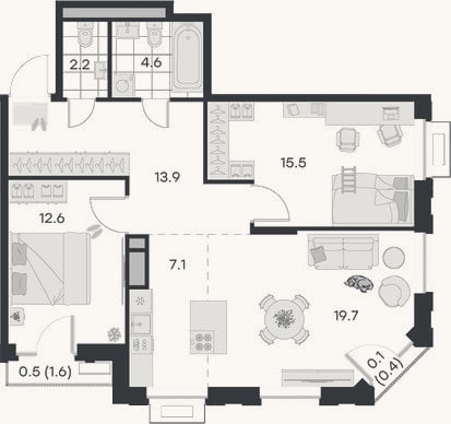 Планировка: 3-к, 75,6 м²