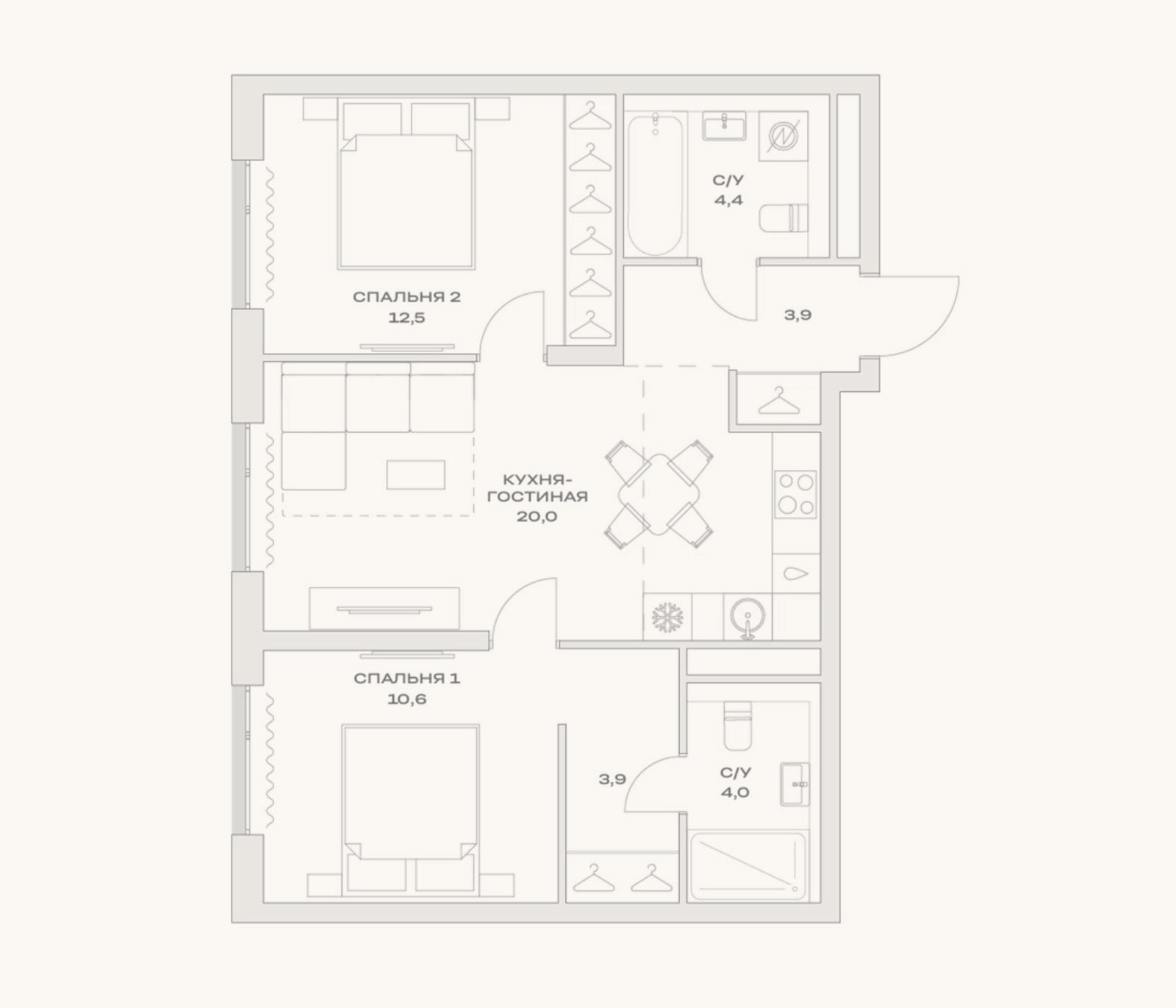 Планировка: 3-к, 59,3 м²