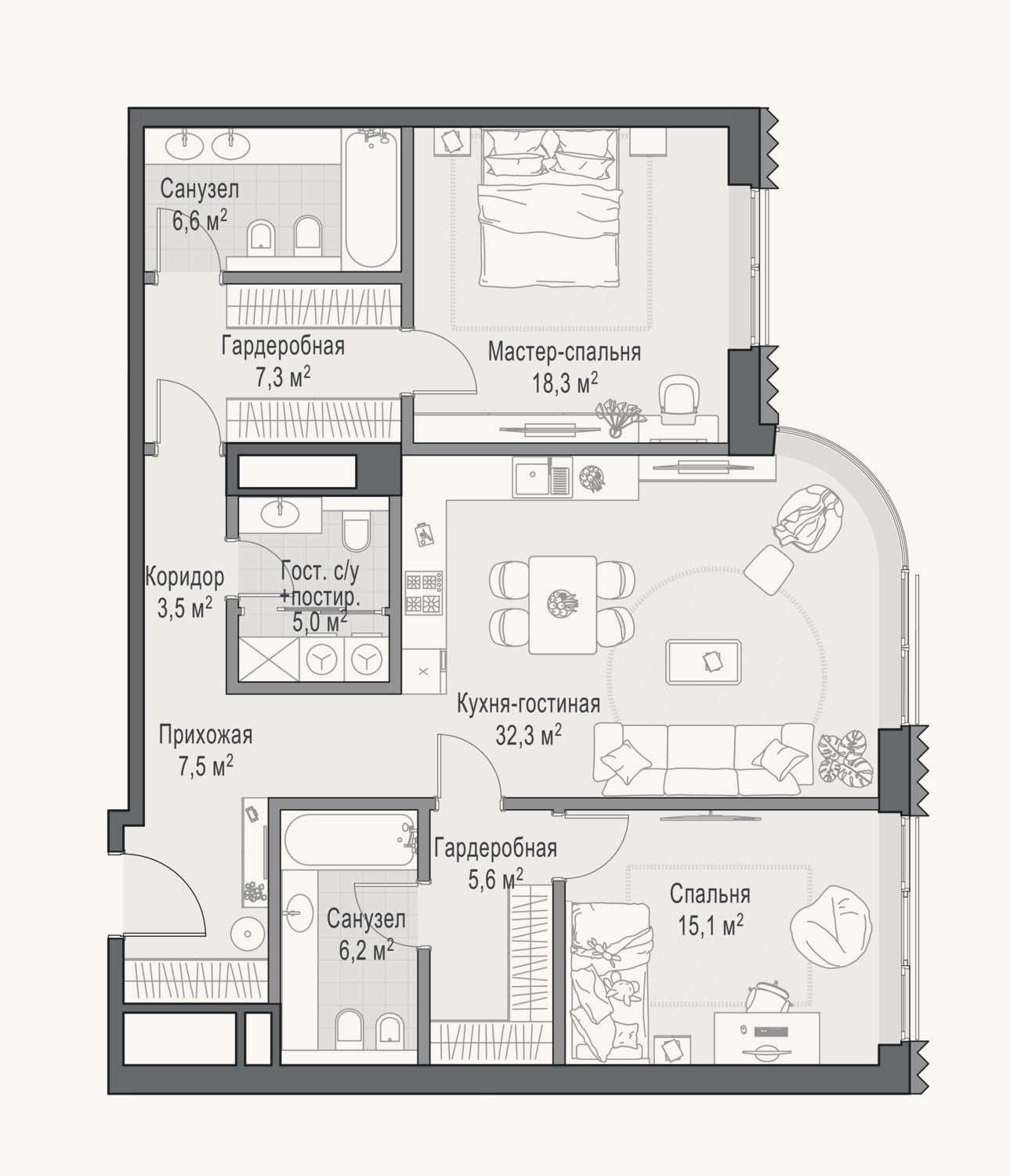 Планировка: 2-к, 108 м²