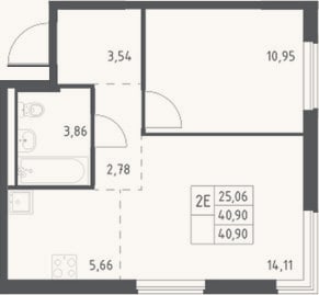 Планировка: 2-к, 40,9 м²