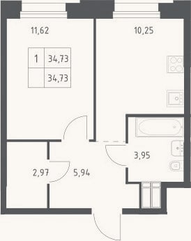 Планировка: 1-к, 34,7 м²