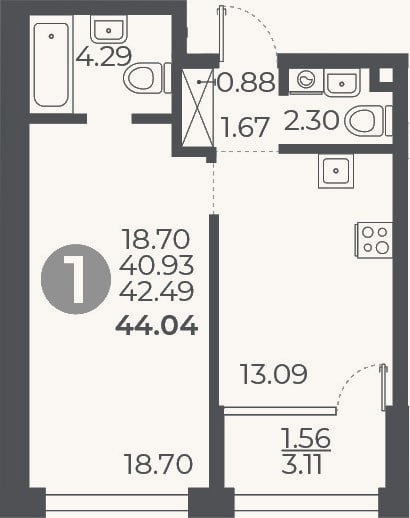 Планировка: 1-к, 40,9 м²