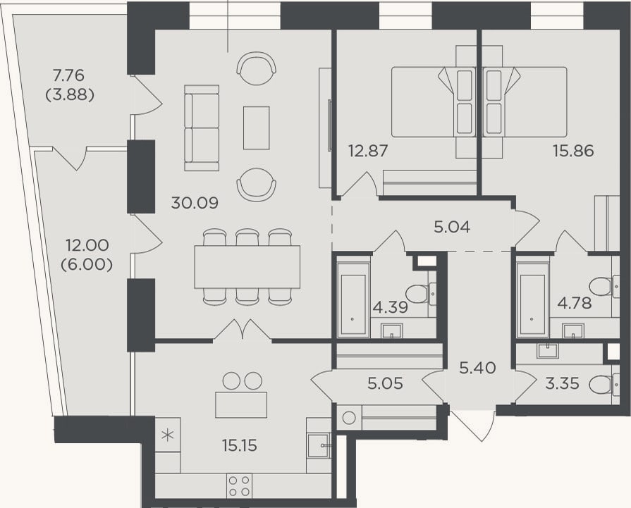 Планировка: 3-к, 102 м²