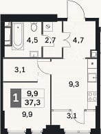 Планировка: 1-к, 34,2 м²