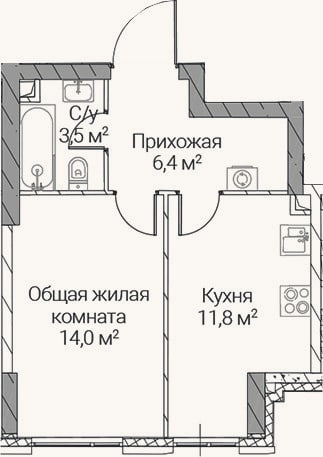 Планировка: 1-к, 35,7 м²