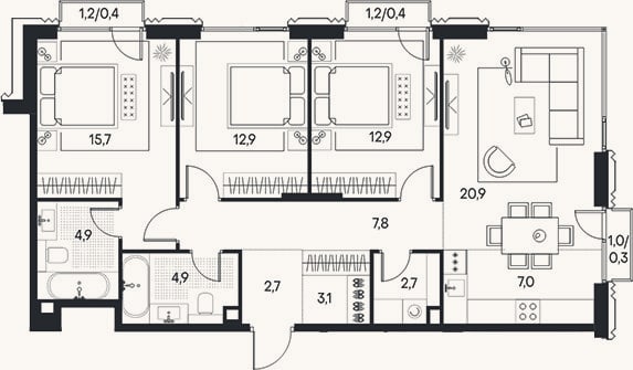 Планировка: 4+ к, 95,5 м²